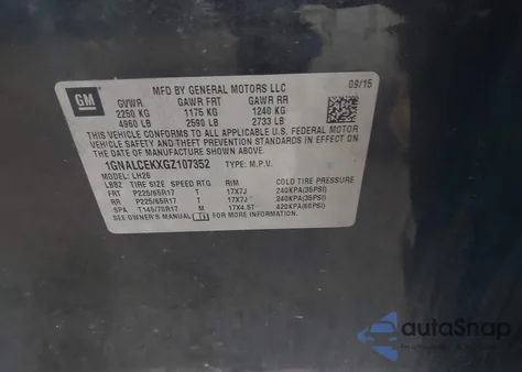 2016 Chevrolet Equinox Lt z USA, uszkodzony, nr VIN 1GNALCEKXGZ107352